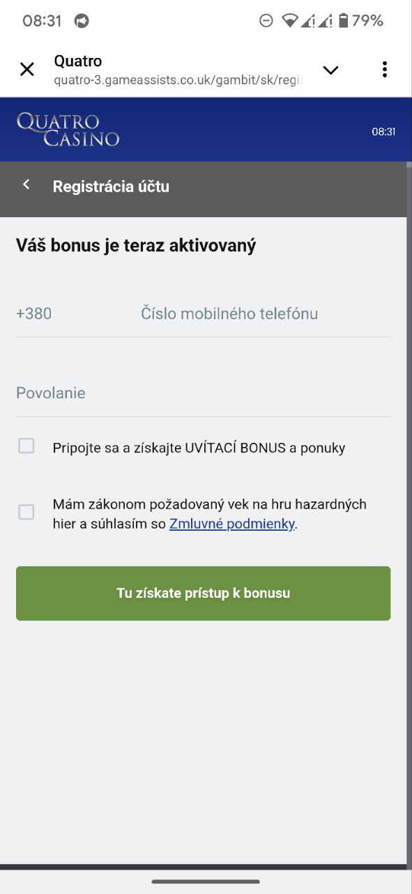 Vyplňte telefónne číslo, prípadne zvoľte vaše povolanie a povoľte získanie bonusu a promo akcií