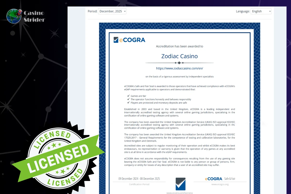 Licencia a regulácie kasína Zodiac